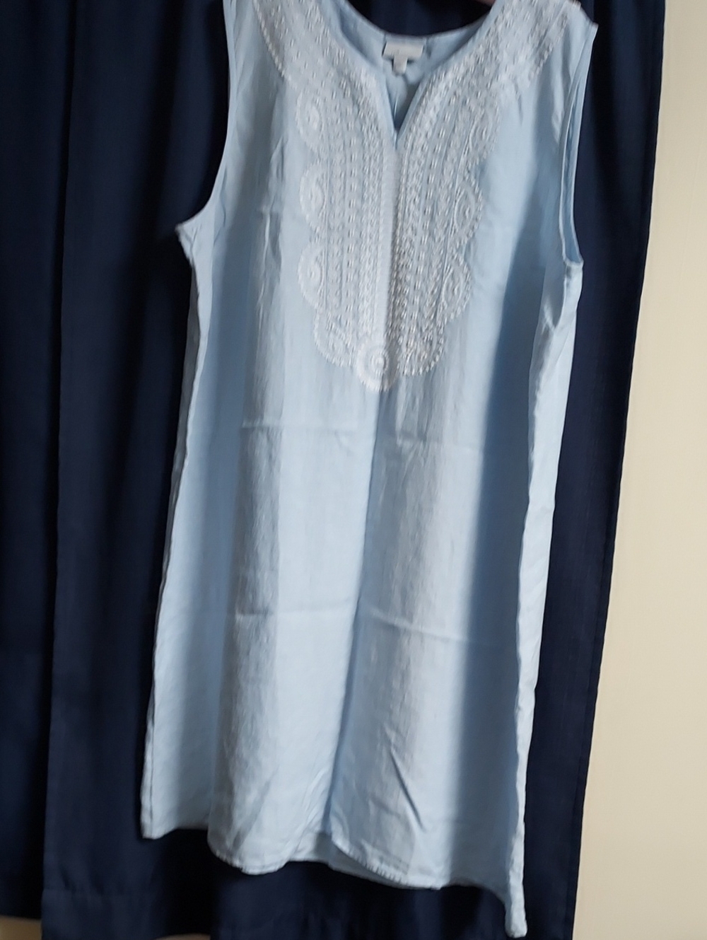 J. Jill Light Blue Linen Sleeveless Beaded Embroidered Tunic Dress